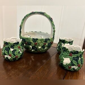 Vintage ceramic holly berry holiday basket and 3 candle holders